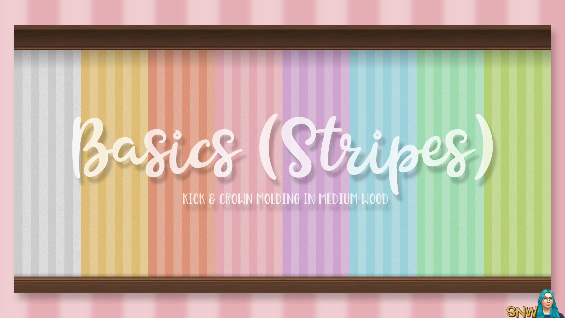 Basics Stripes Wallpaper with Kick and Crown Molding in Medium Wood