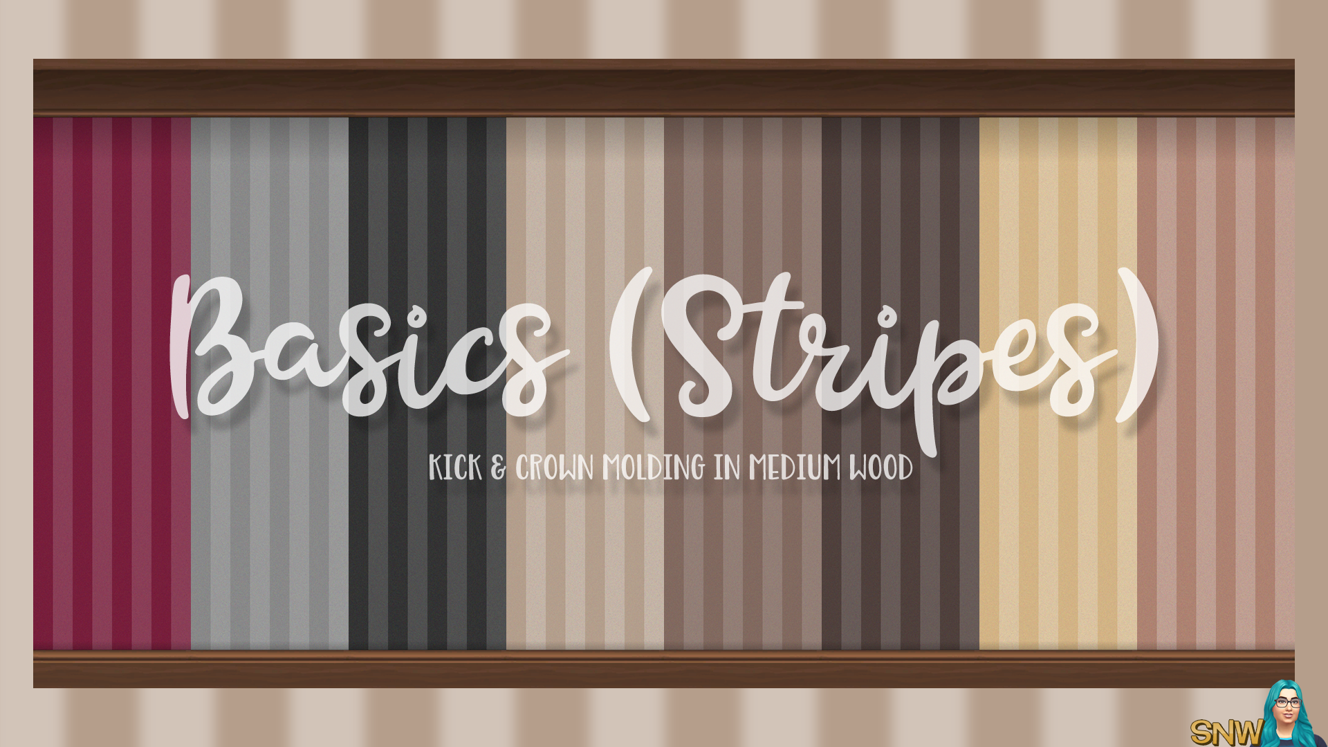 Basics Stripes Wallpaper with Kick and Crown Molding in Medium Wood